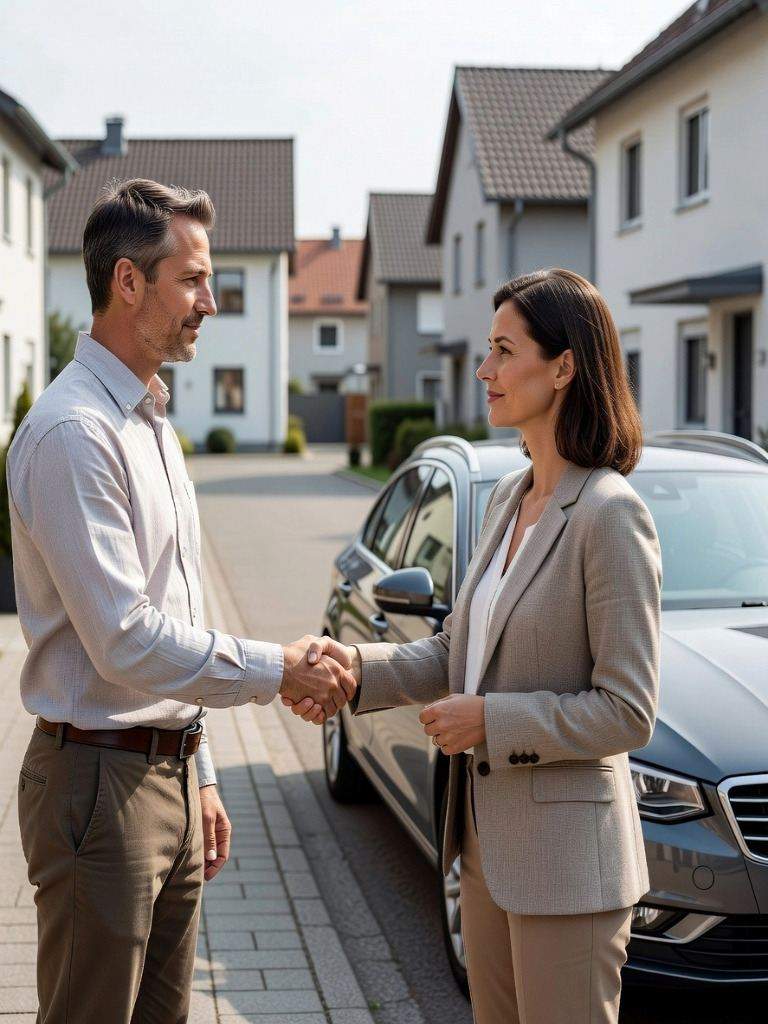 seriöser und geprüfter Autoankäufer mitten beim Vertragsabschluss in einer Wohngegend in Ennigerloh